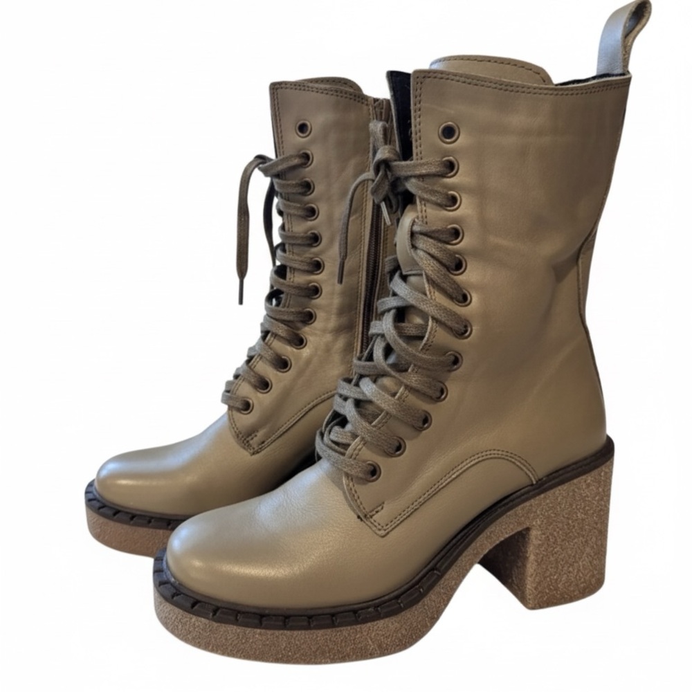 Bueno Sz 7 Combat Bootie Olive Green Zip Side Lace Up Stacked Heel Worn Once